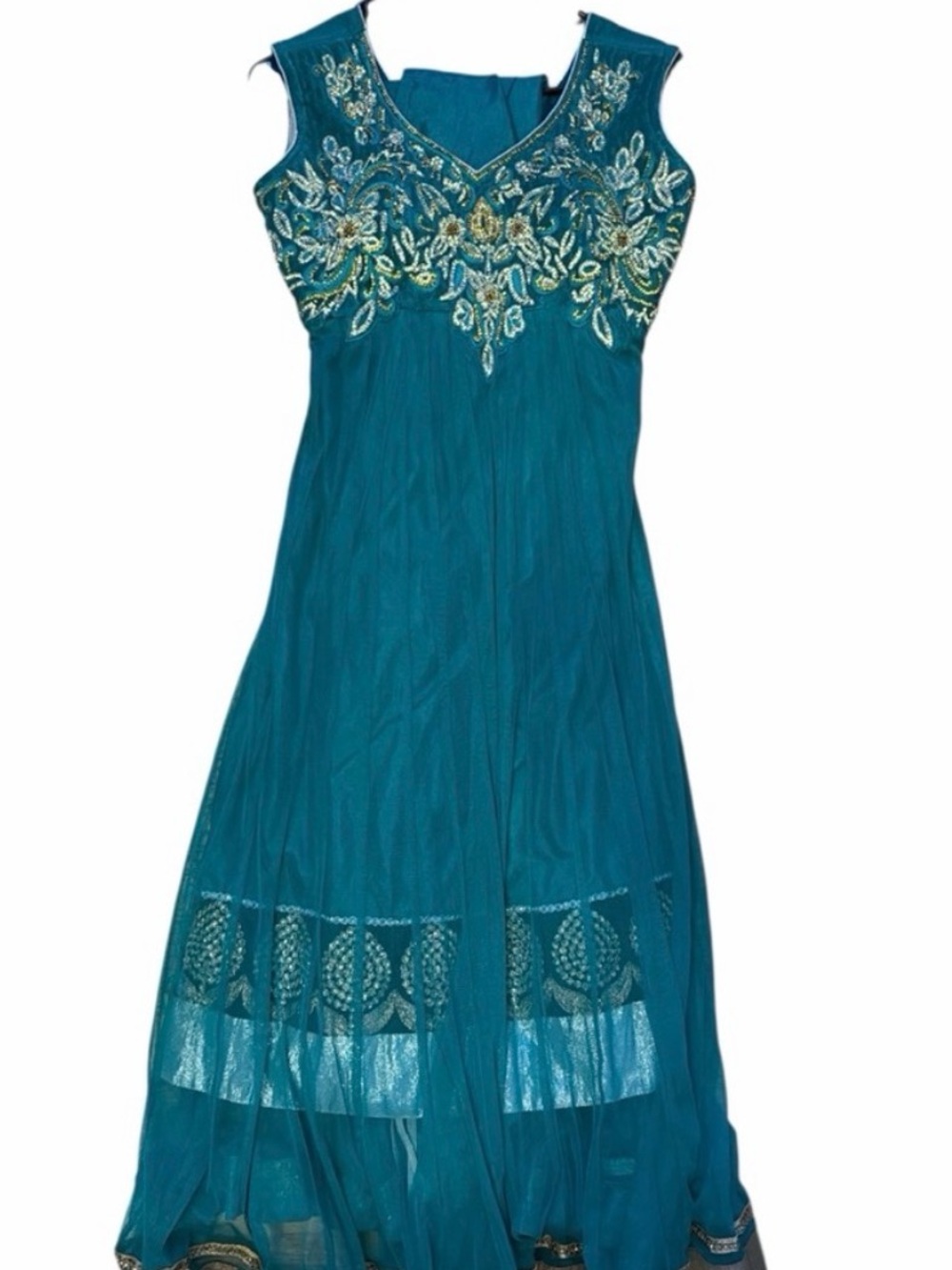 Teal and Gold Embroidered Anarkali Dress